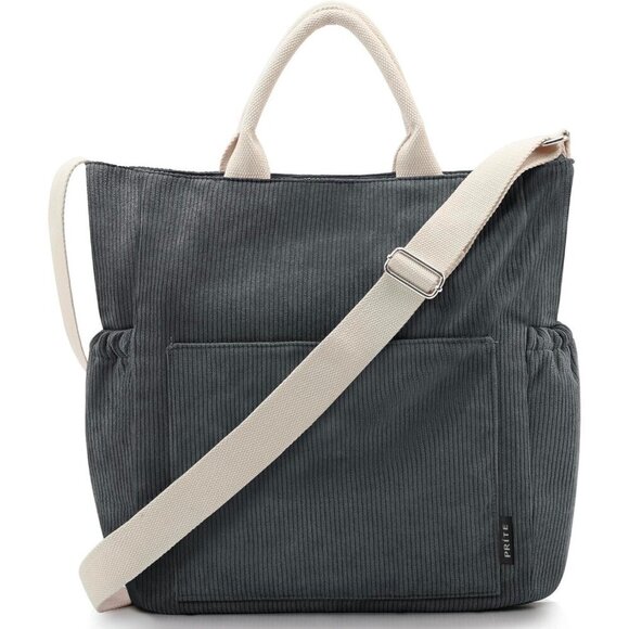 Prite Handbags - Prite Women Grey Corduroy Large Hobo Shoulder Crossbody Tote Bag With Pockets